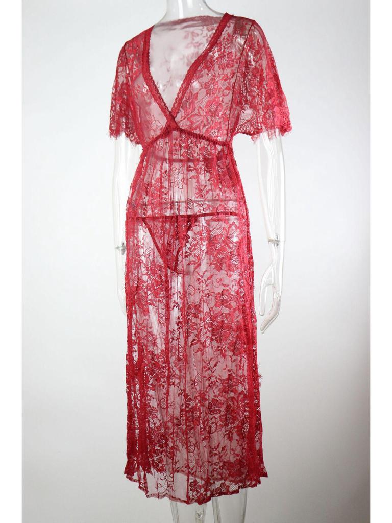 2023 European & American Sexy Lace Deep V Women’s Bodysuit with Side Opening and Long Robe