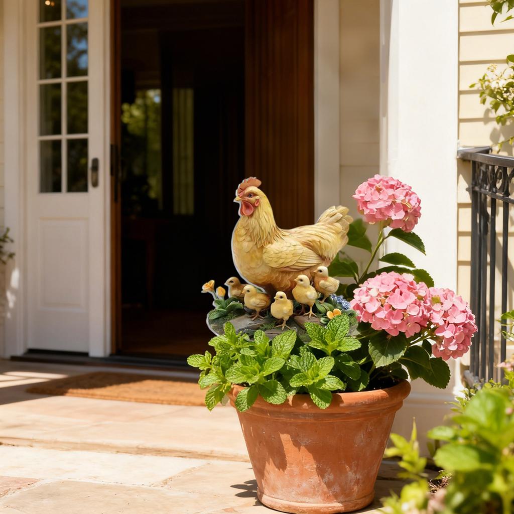 Yellow Hen And Chicks Garden Stake - Outdoor Decorative Acrylic Figurine For Yard, Courtyard, And Landscaping