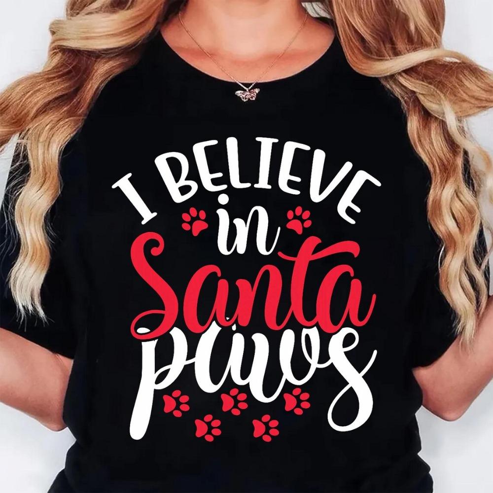 Dog Paw Print Christmas T-shirt for Women, Kawaii Cartoon Y2k T-shirt, Streetwear, Harajuku Round Neck T-shirt, Women's Clothing