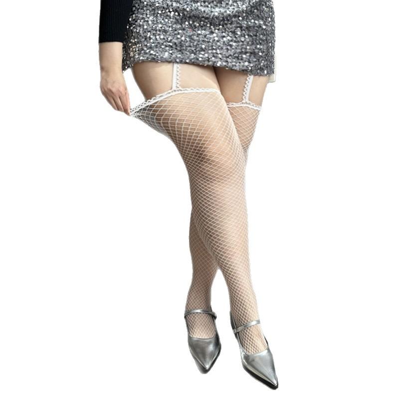 Large size lace suspender fishnet socks free stockings women's one-piece white fishnet socks stockings stockings pure desire babes white silk