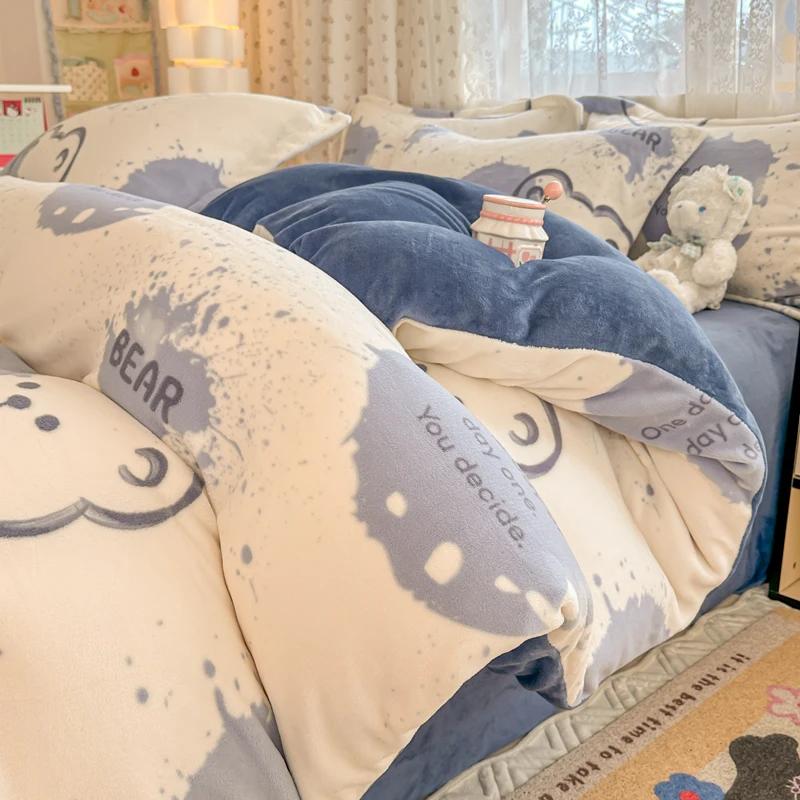 2024 New Class A Small Fresh Printed Milk Fleece Single Bedding Set Thick Warm Cartoon Quilt Cover Fall and Winter Duvet Cover
