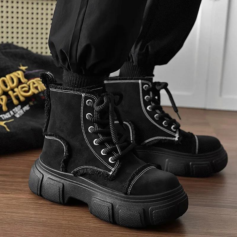 Fashion Men Boot Motorcycle Boots High Top Leather Botas Khaki Lace-Up Casual Height Increase Work Board Shoes Platform Non-slip Sneaker