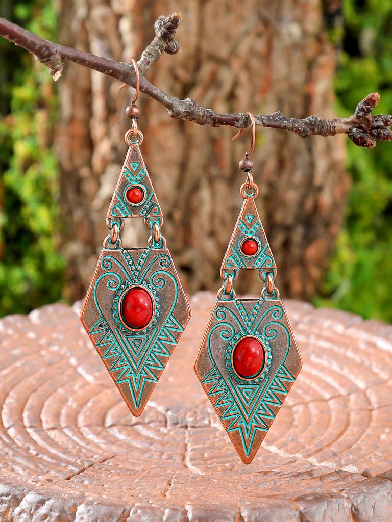 1 Pair Ethnic Style Earrings for Women Geometric Rhombus Vintage Silver Boho Accessories Daily Wear Party Decors Gifts Versatile