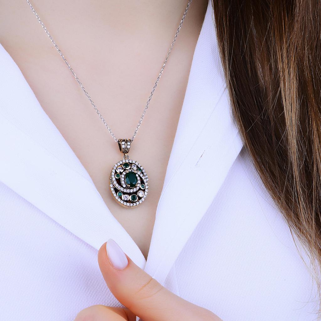 Emerald Stone Necklace, Turkish Jewelry Pendant, Ottoman Style Silver Necklace, Women Silver Necklace, Gift for Women