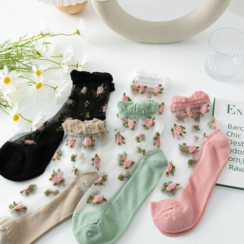 3 Pairs of Summer Socks for Women Thin Rose Style Sexy Black Stockings JK Lolita Lace Socks