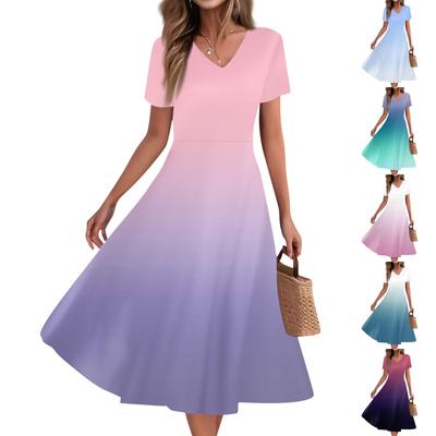 Women's Summer Casual Fashion Print Pocket Short Sleeve V-Neck Swing Dress