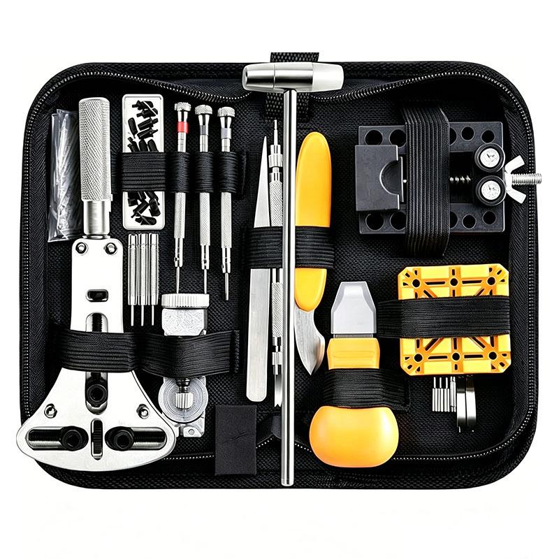 Watch Repair & Maintenance Tool Set with Disassembly Tools, Battery Replacement, and Cloth Bag.