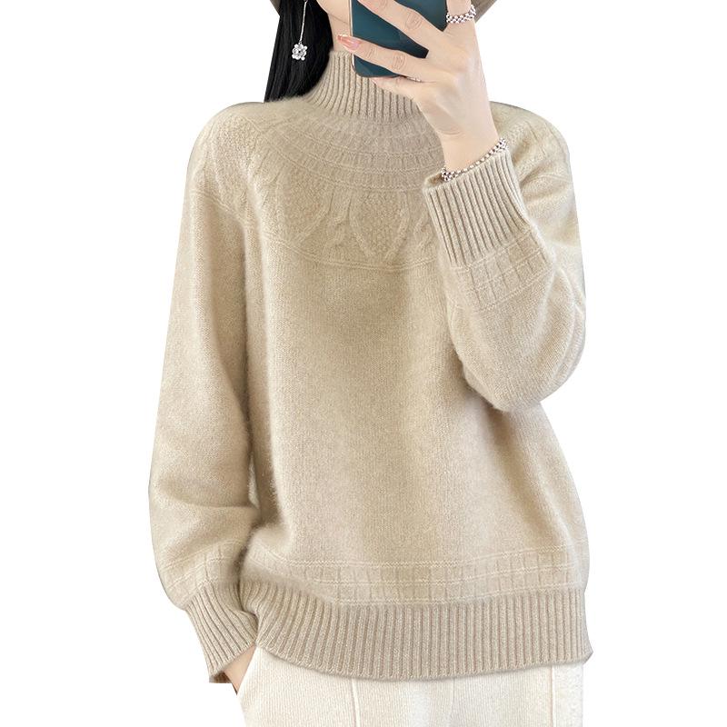 Women's Cashmere Sweater, 100% Wool, Semi-High Neck, Loose Fit, Perfect for Autumn and Winter.