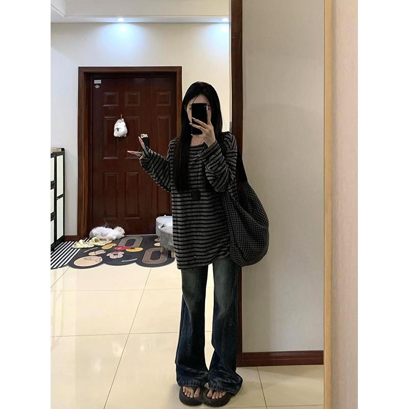 Women's Korean Color Block Stripe Long Sleeve T-Shirt, Early Autumn 2025, Loose Fit, Lazy Style.