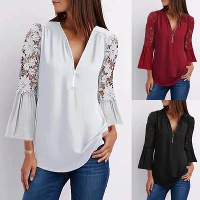 Color Fashion Summer New Women'S Slim Lace Sleeves Zipper V-Neck