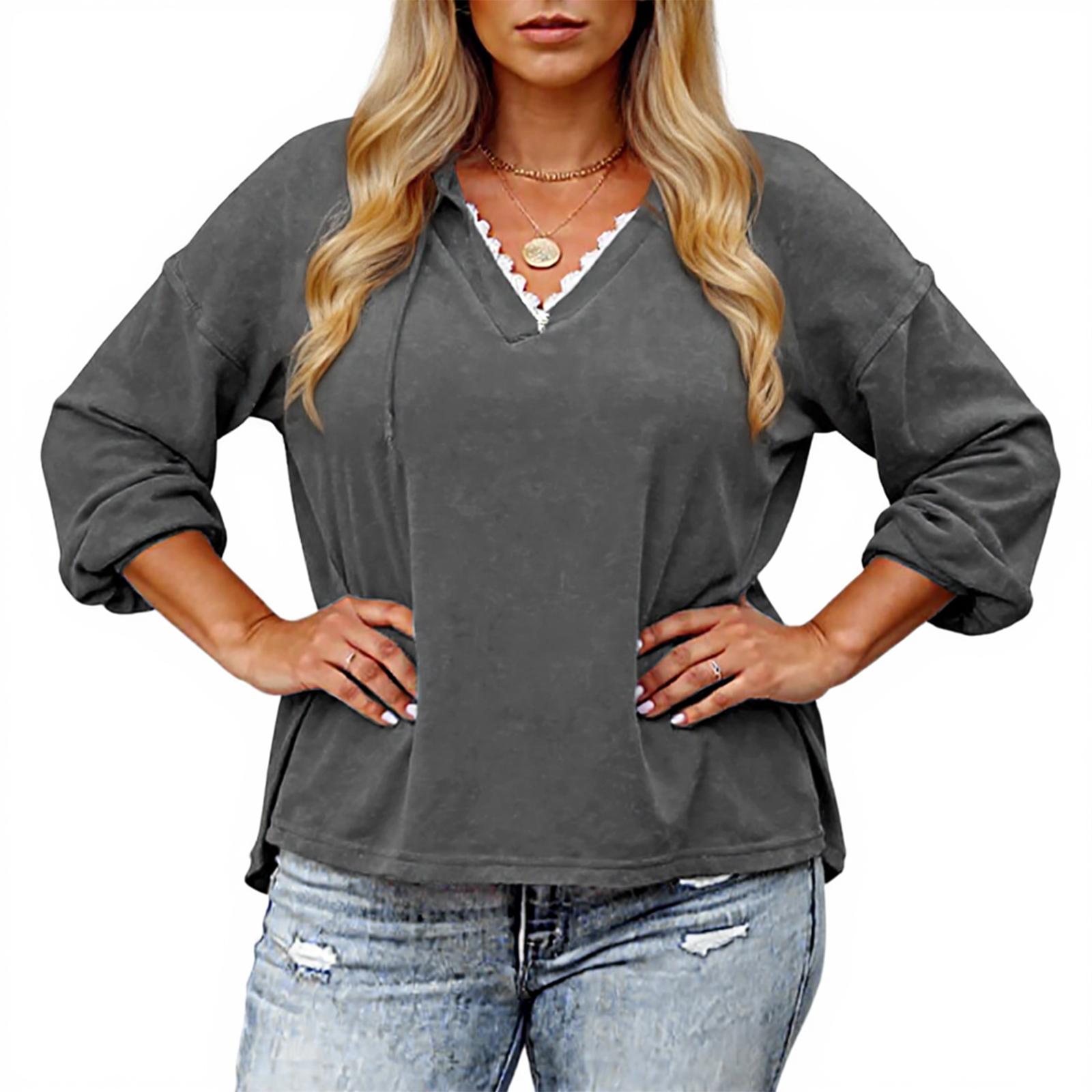 

Ladies Loose Comfortable Casual And Fashionable V-tie Hat With Lace Long Sleeved Solid Color Plus Size Hoodie XXXXXL