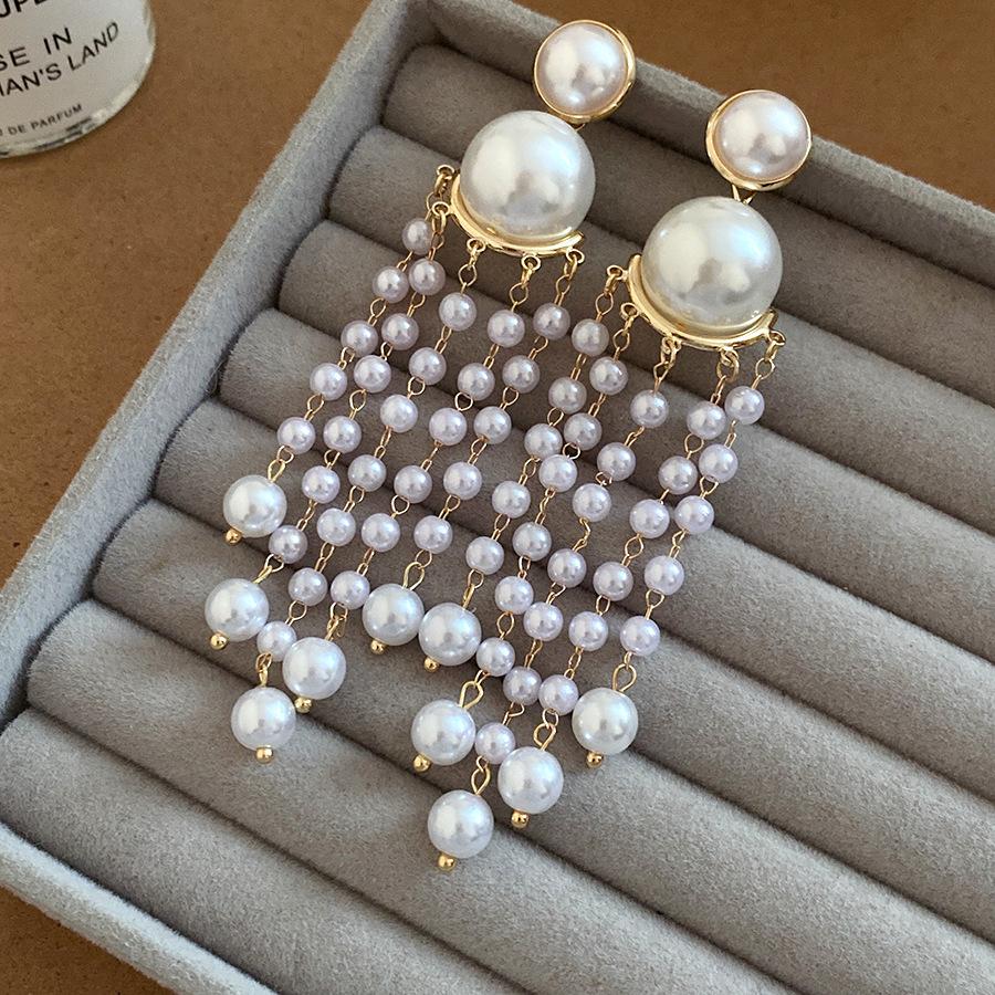 

Silver needle pearl beaded round fringed earrings French retro fashion simple stud earrings light luxury high-end earrings women