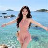 Women's Pink Halterneck Lace Swim Dress - Slimming One-Piece Swimsuit for Hot Springs, Tummy Coverage, Gentle Temperament