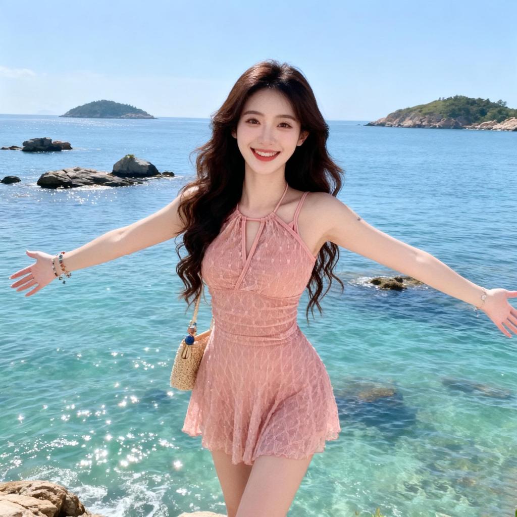 Women's Pink Halterneck Lace Swim Dress - Slimming One-Piece Swimsuit for Hot Springs, Tummy Coverage, Gentle Temperament