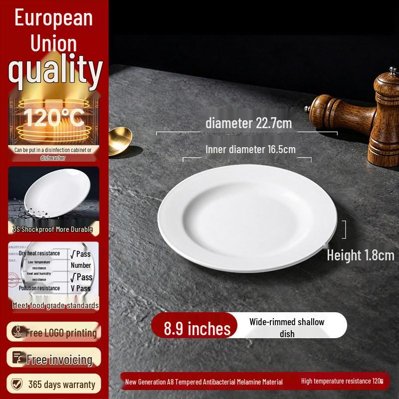 White Melamine Imitation Porcelain Plates: Commercial Round Flat Resin Tableware for Restaurants, Shallow Cold Dish or Rice Bowl Plates.