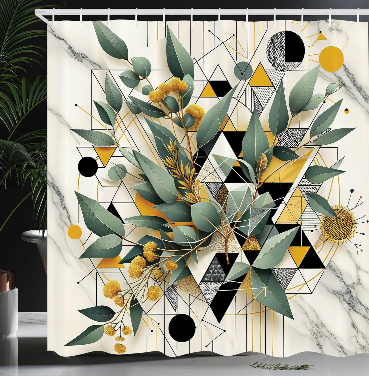 

Modern Geometric Floral Waterproof Shower Curtain -Bold Abstract Shapes &Vibrant Flowers for Stylish,Contemporary Bathroom Decor W90XH180cm