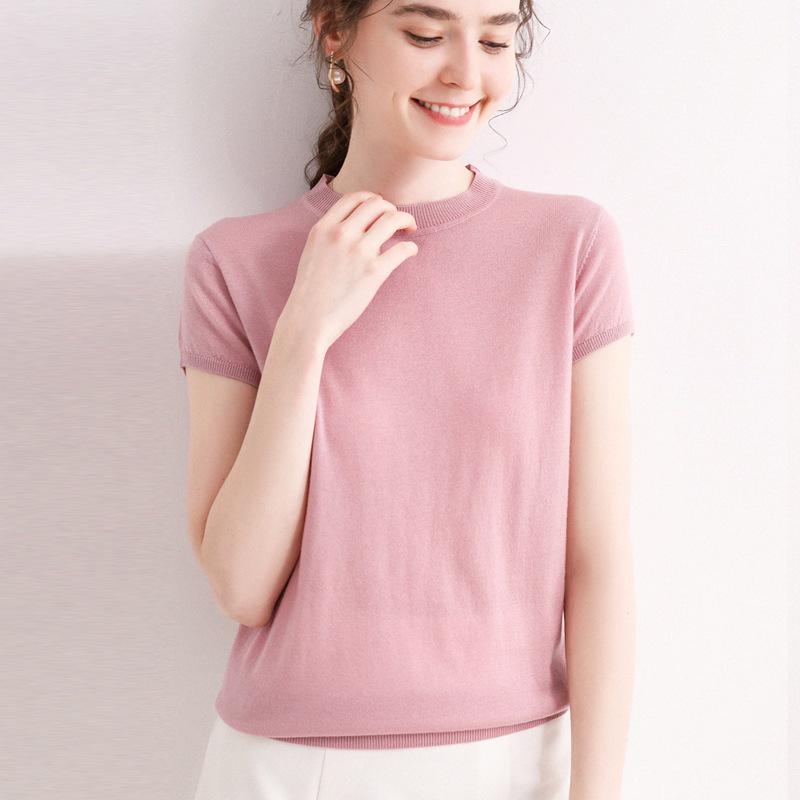 Spring/Summer Lightweight Breathable Women's Solid Color 3/4 Sleeve Knit T-shirt