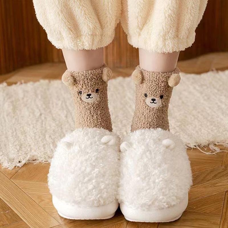 Korallenfleece-Socken für Damen Winter Nicht fusselnd Bodensocken Cartoon-Tier Plüsch Erwachsenen Dick Warm Schlafsocken