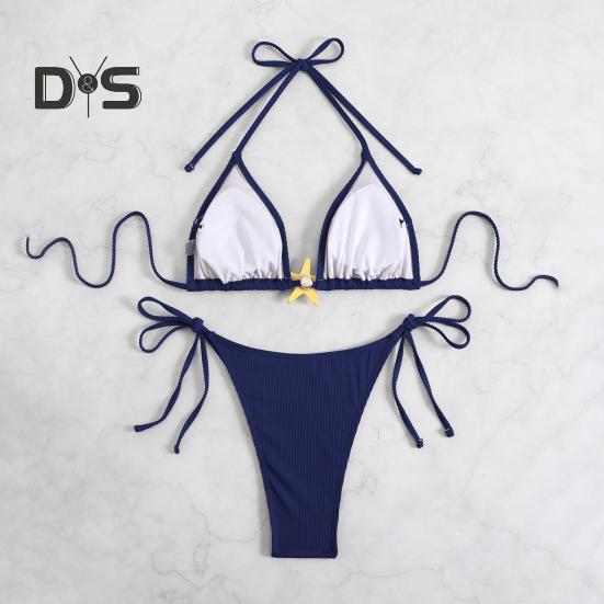 Damebikinisett med halterneck, sideknyting i to deler med sjøstjernedekor, sexy trekantbadedrakter for strandferie, varmt kildebasseng