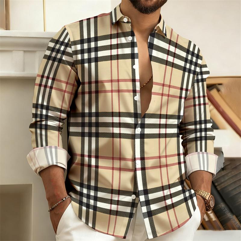 Best-Selling Men's 3D Printed Plaid Long-Sleeved Shirt, Fashionable Men's Shirt, Outdoor Casual Street Style Shirt