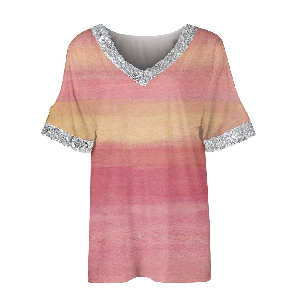 Damen-T-Shirt, bedruckt, V-Ausschnitt, Pailletten, kurzärmelig, Sommer, lässig, lockeres Oberteil