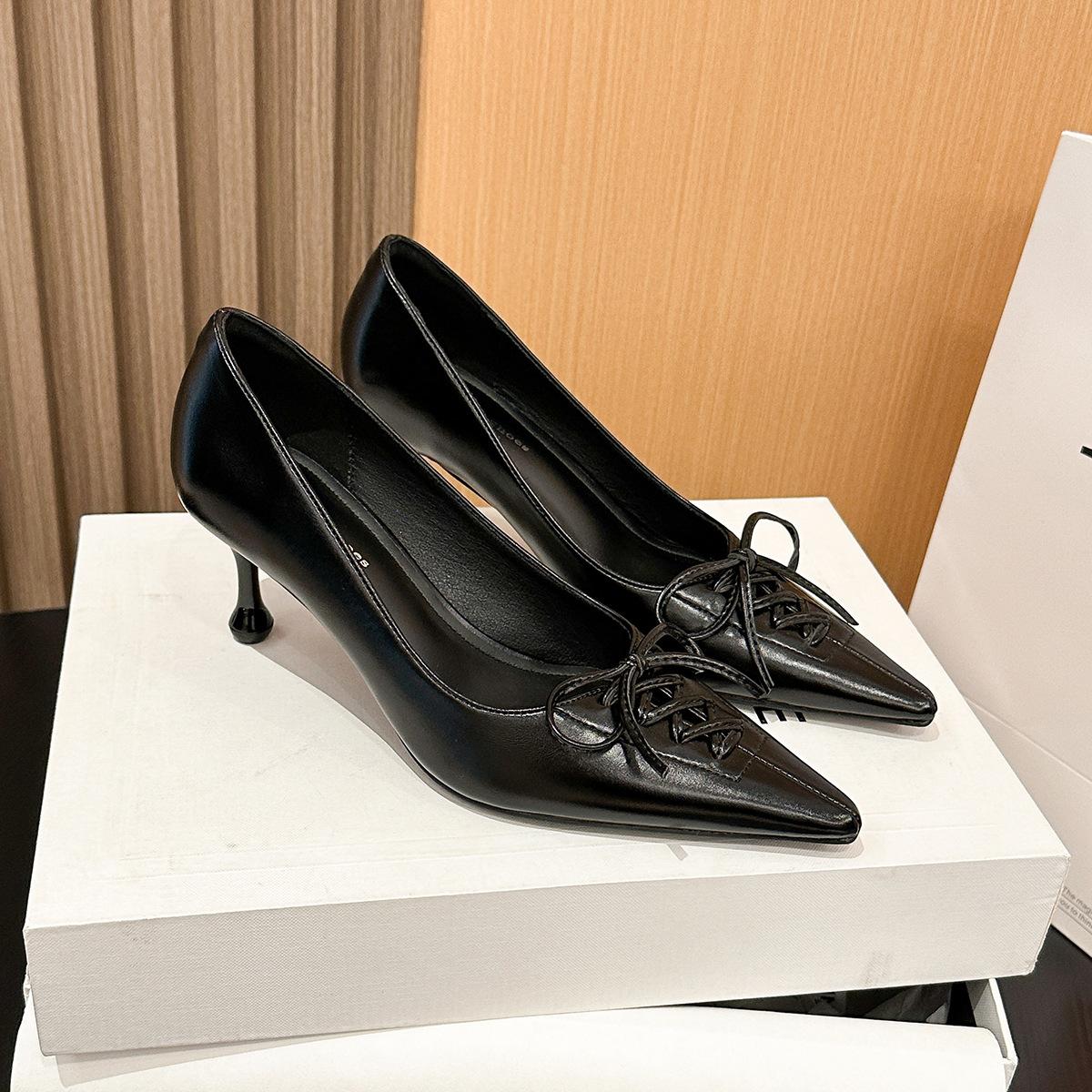 

2026-1 European and American pointed high-heeled single shoes women s new fashion light mouth sexy leopard print bow single shoes women s shoes 35 чёрный