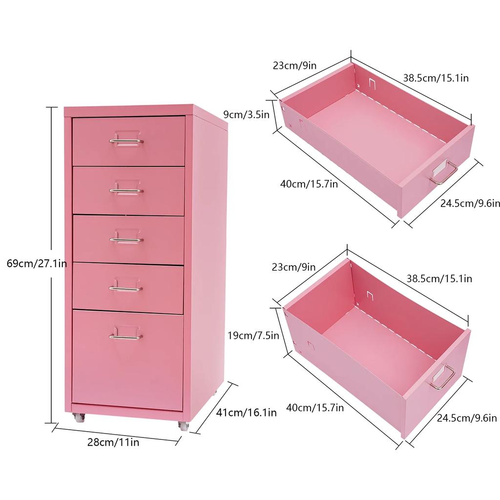 Bymaocar 27 Inch Tall Pink File Cabinet on Wheels 5-Drawer Storage Cabinet Home Furniture for Kitchen, Bedroom, Office, Study