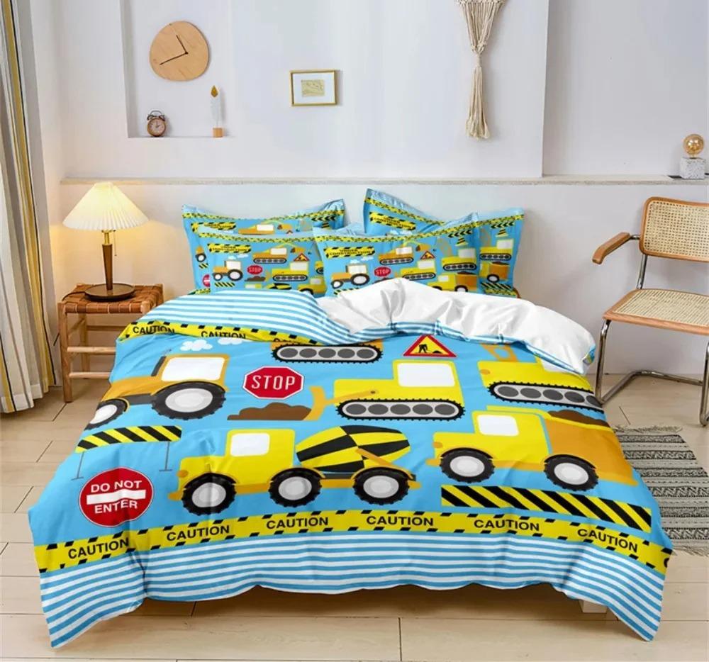 Cartoon Car Bedding Set Construction Vehicles Comforter Cover 3pcs Kids Machinery Truck Soft Polyester Duvet Cover for Boys Gift