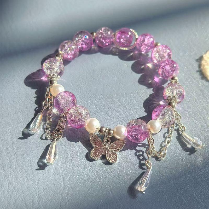 Korean Ins Pink Crystal Butterfly Pendant Beaded Bracelet For Women Girls Sweet Beaded Chain Bracelet Jewelry Gifts