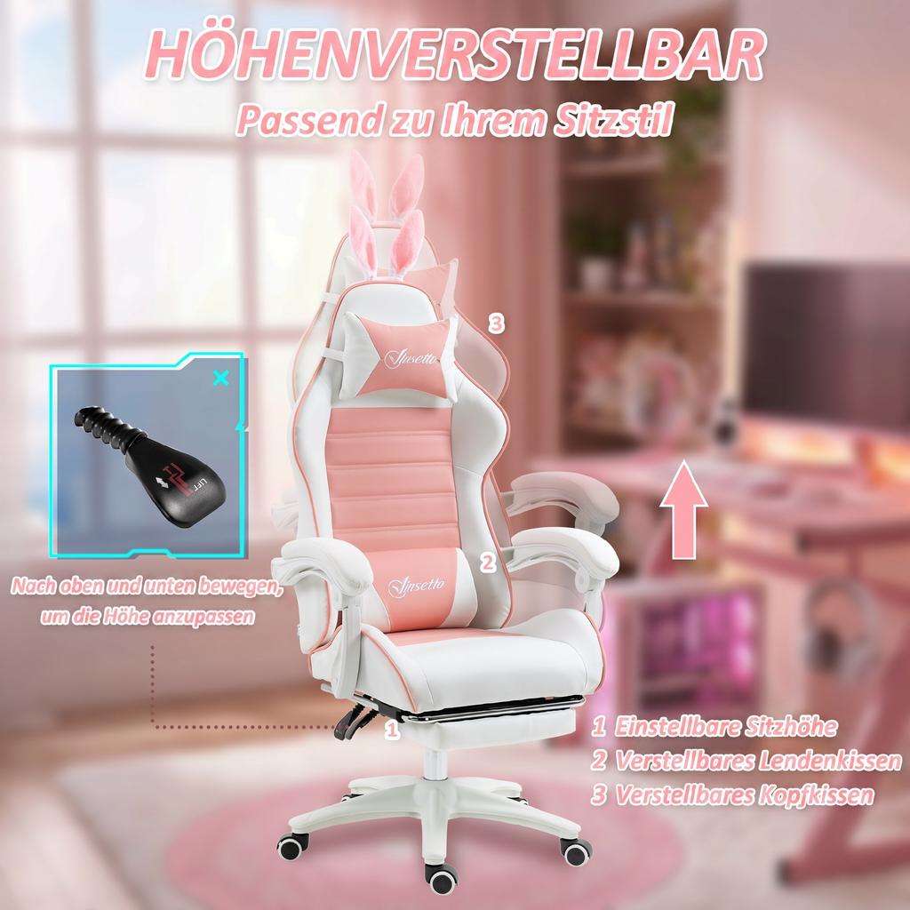 Gaming Chair, Ergonomic Gamer Chair with Lumbar Support, Footrest, Bunny Ears Headrest Pillow, Pink