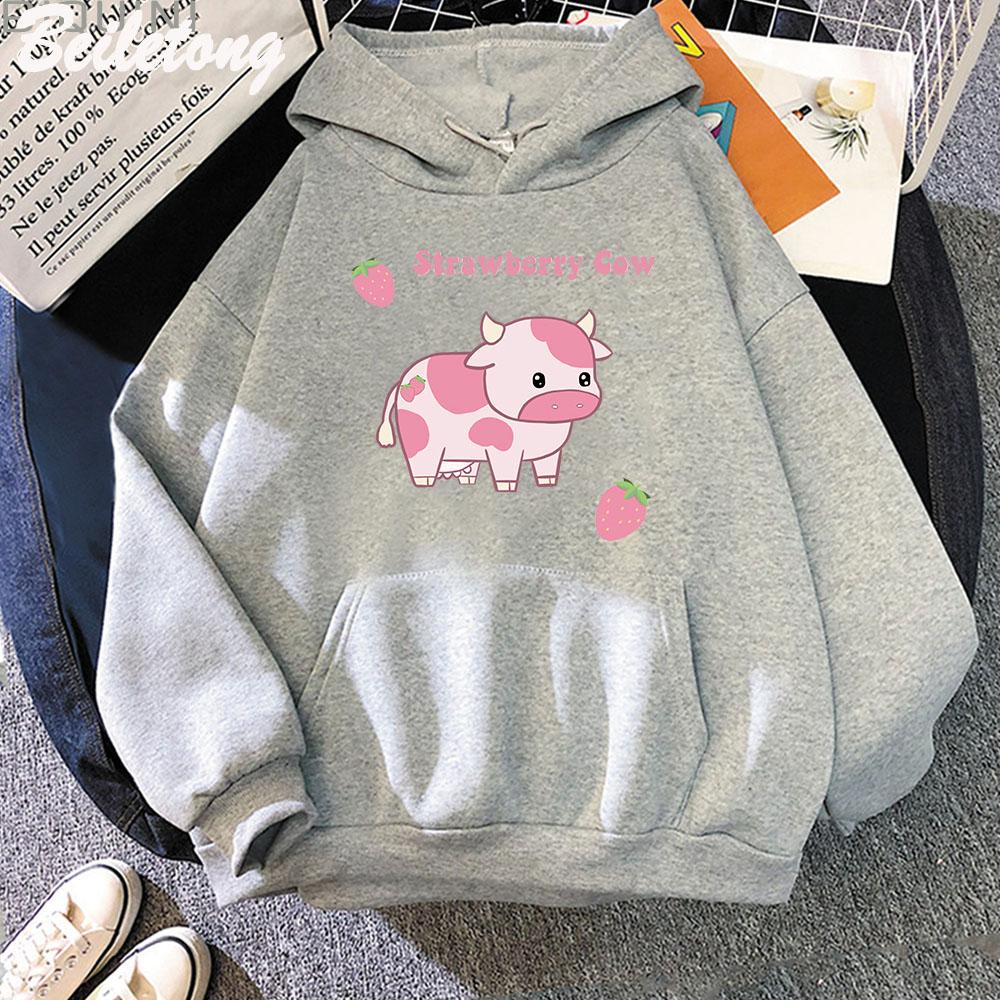 Cow and Strawberry Kawaii Hoodies Casual Pullover Loose Sweatshirt Aesthetic Clothes for Women Funny Sudadera Mujer Blue Cartoon