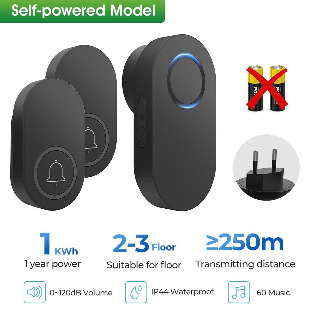 

ML008-B-21EU 60 Melodies Wireless Self-Powered Doorbell Ring EU Plug/Black,2 Transmitter+1 Receiver Type A
