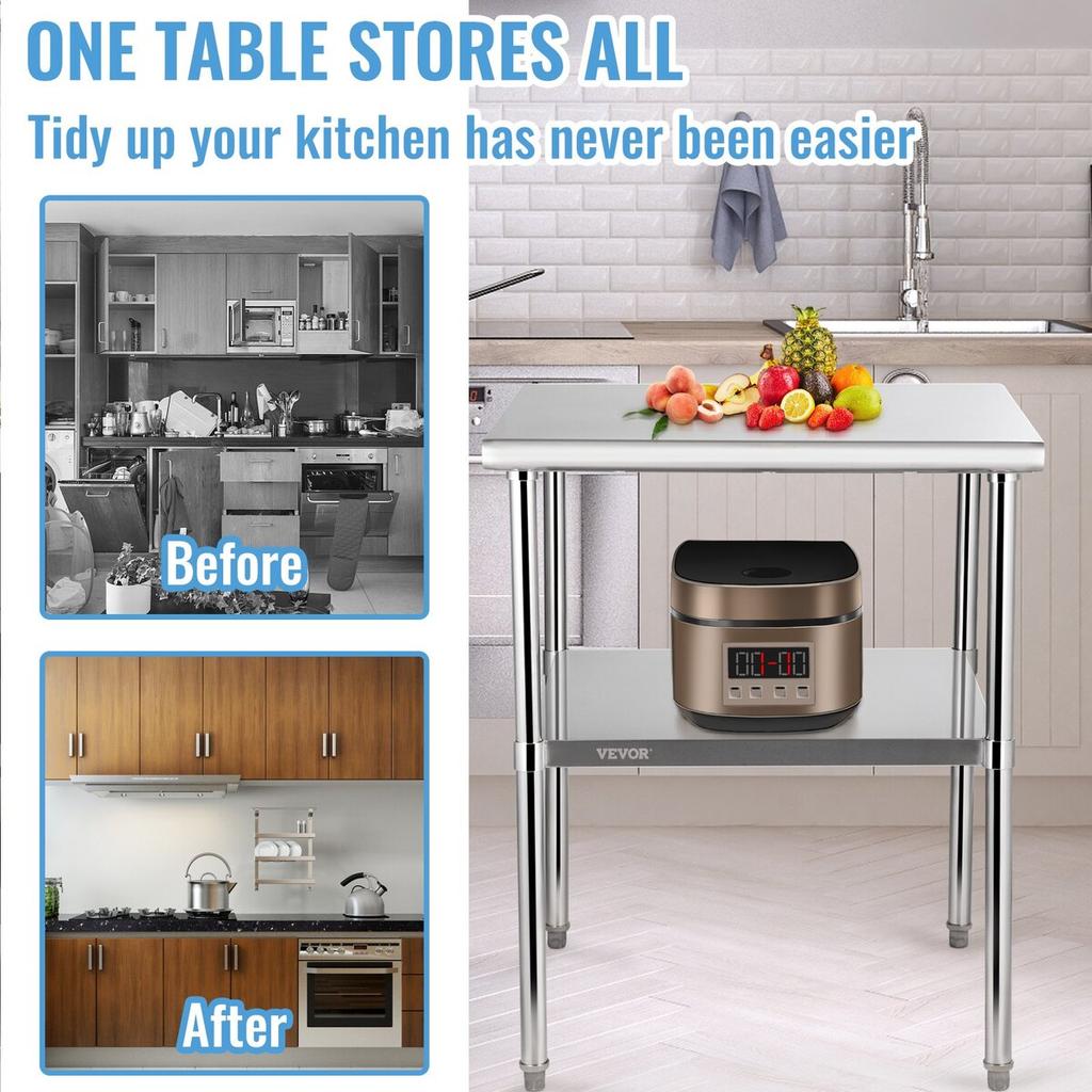 Stainless Steel Prep Table, 30 x 30 x 36 Inch, 800lbs Load Capacity Heavy Duty Metal Worktable with Adjustable Undershelf & Feet, Commercial