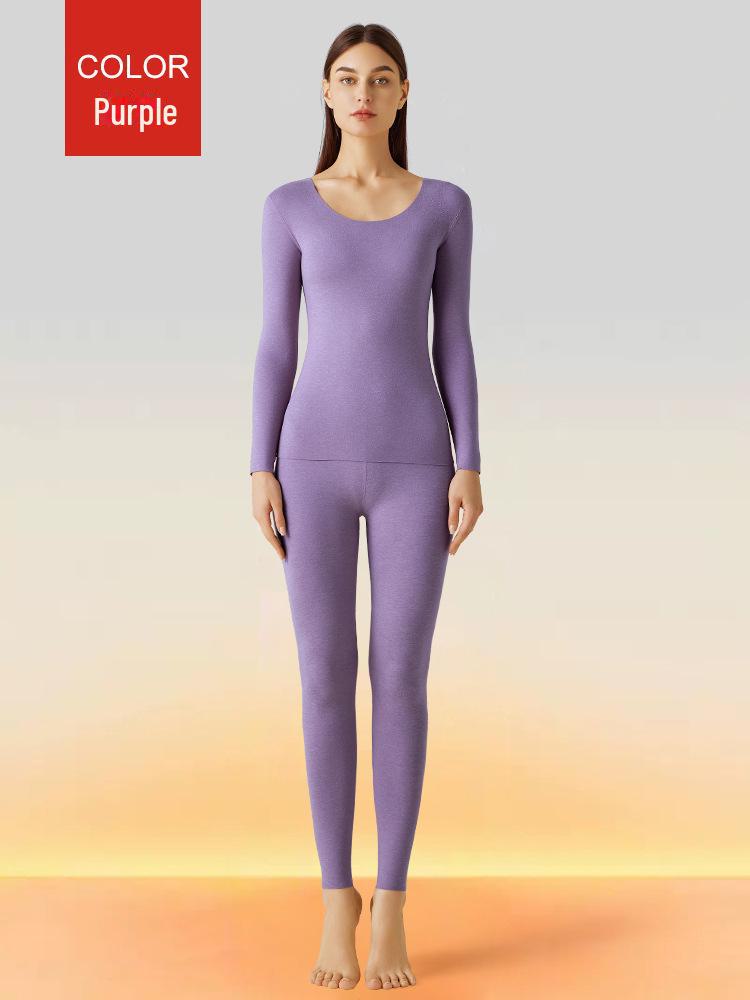 Women's Seamless Brushed Thermal Underwear Set - Round Neck Slim Fit for Autumn and Winter