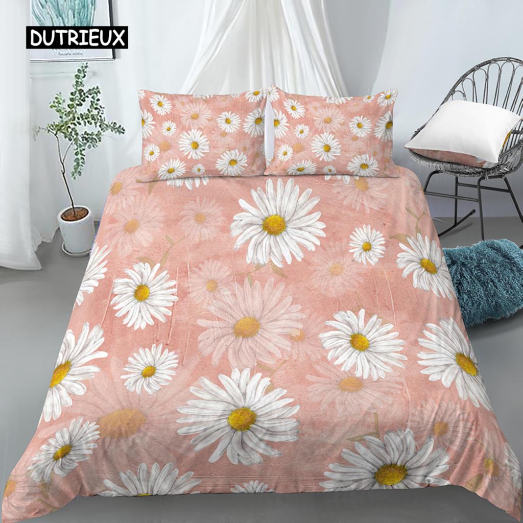 Blätter und Blumen Bettbezug-Set King Size Palmblätter Rosa Blumendruck Steppdeckenbezug für Mädchen Jungen Polyester 2/3-teiliges Bettwäscheset