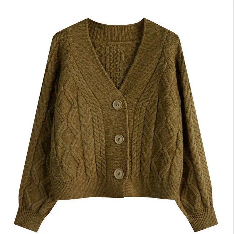 Solid V-Neck Sweater Women Knitted Cardigan Slouchy Spring and Autumn 2026 New Small Loose Short Cardigan Sweater Female Coat