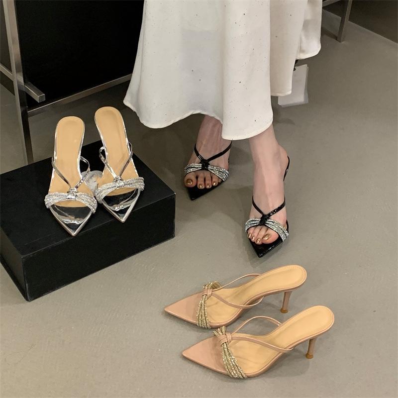 Summer Women's High-heeled Sandals, One-strap High-heeled Slippers, Pointed Toe, Rhinestone, Open-toe Slippers.