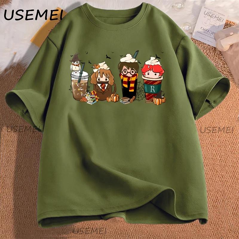 Cute Coffee Characters TShirt Women Men Aesthetic Tee Pumpkin Fall T Shirt Cotton Short Sleeve  Aesthetic High Quality Tees
