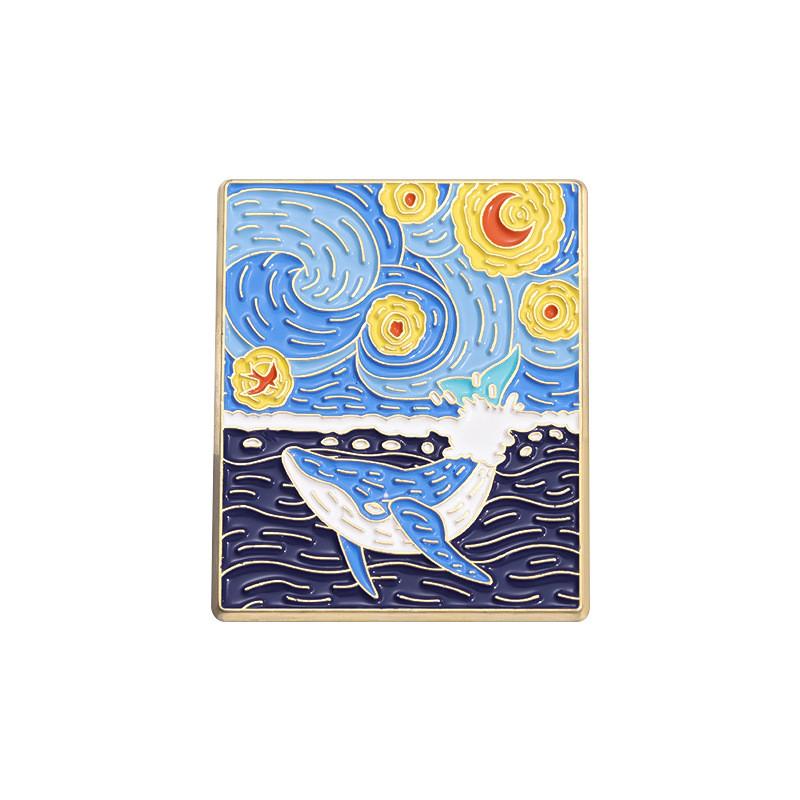 Enamel Charming Brooch With Van Gogh Inspired Whale And Boat Cartoon Character Style