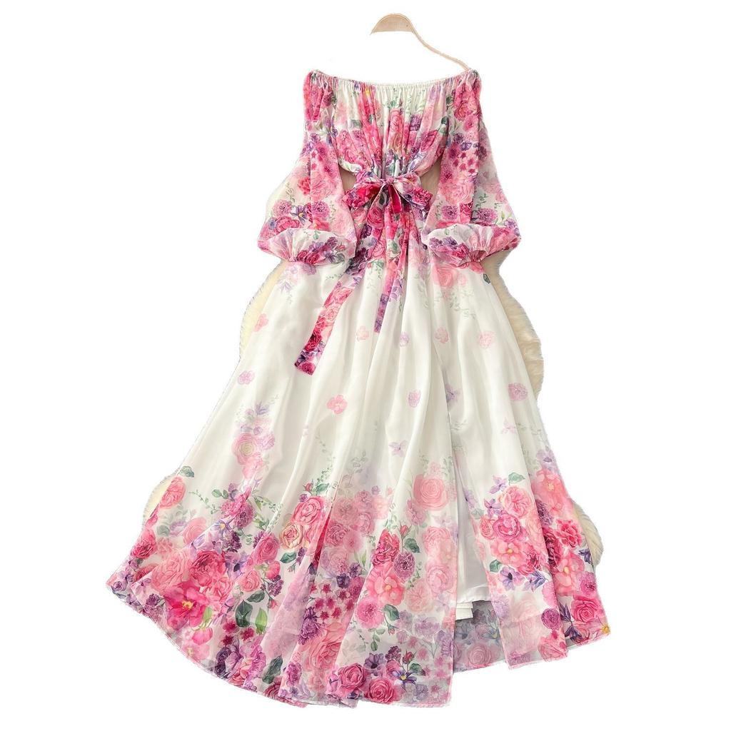 Early spring vacation dress women's new one-word shoulder straps waist lantern sleeves printed chiffon long dress