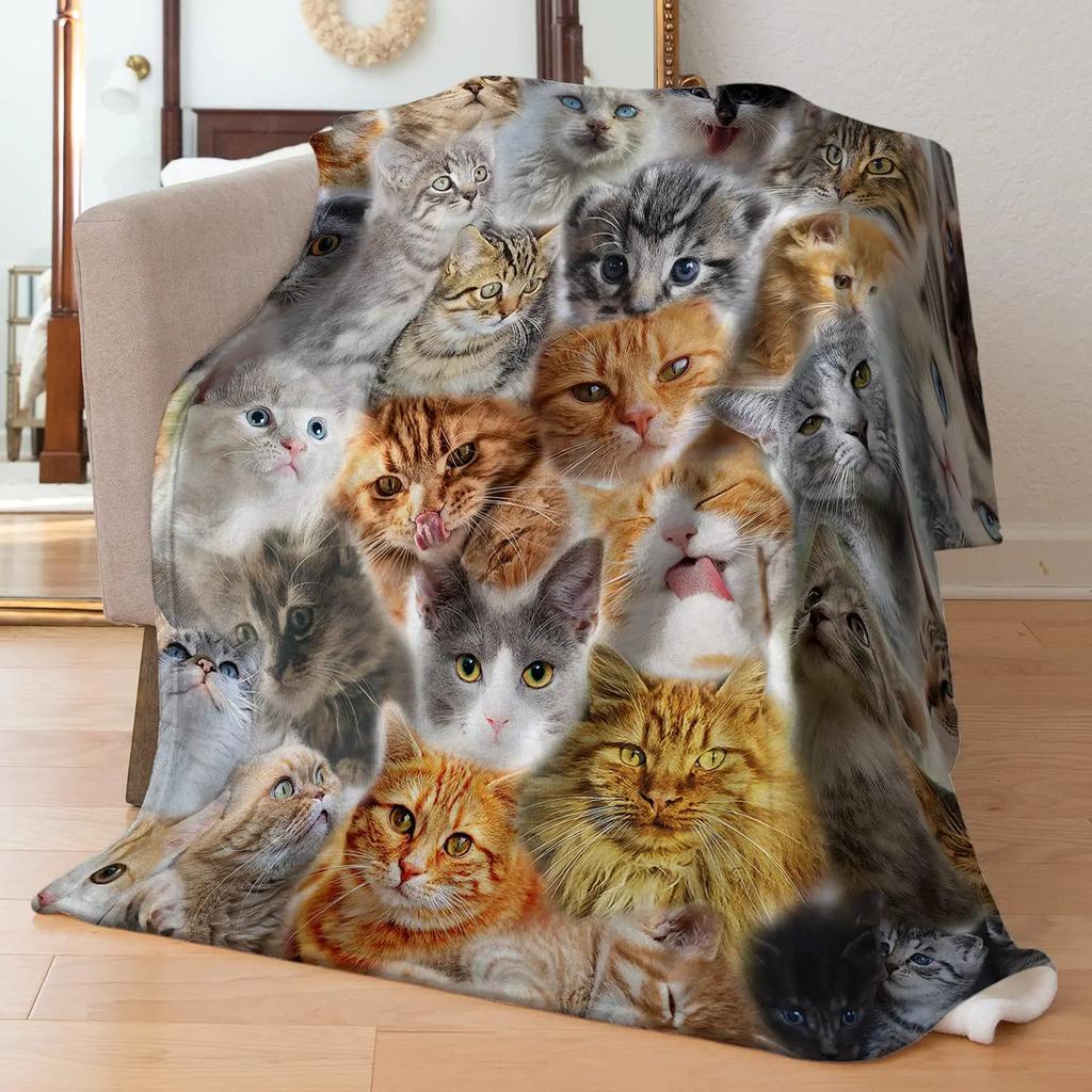 Cute Cat Print Flannel Blanket Sofa Bedroom Blanket Soft Portable Nap Blanket
