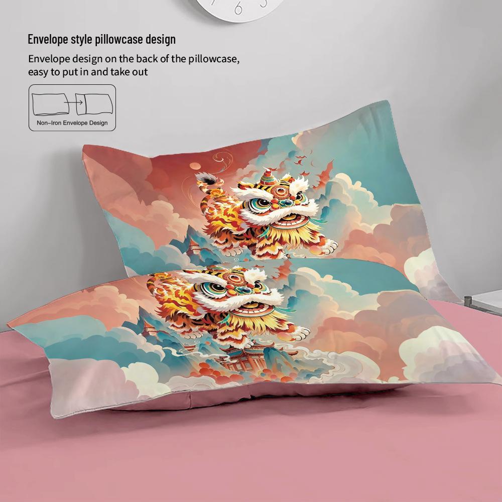 Cool Lion Dance Four-Piece Chinese Style Duvet Set for Boys' Bedroom or Dorm