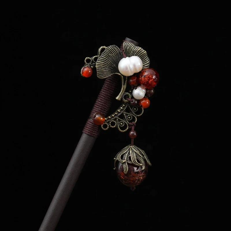 Retro Women Ebony Tassel Stepping Hair Stick Hairpin Chinese Style Handmade Hair Accessories Hanfu Headwear Flower Hair Fork