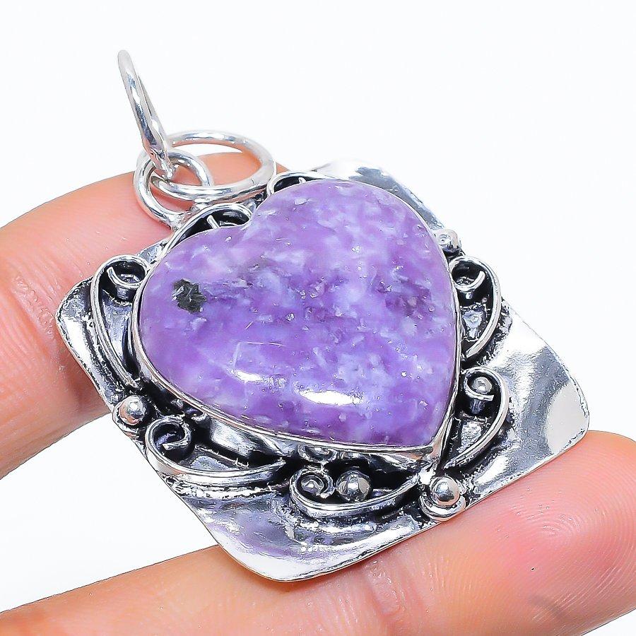 Natural Lepidolite Stone Gemstone 925 Sterling Silver Pendant 1.77" W6y31