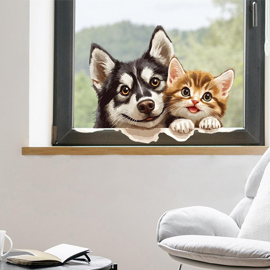 Cute Cat and Dog Peeking Watercolor Healing Window Stickers, Self-Adhesive Double-Sided Visible Decor for Bedroom Living Room Decoration