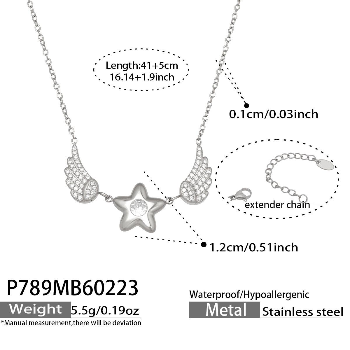 18K Gold Plated Stainless Steel Zircon Star Wings Necklace
