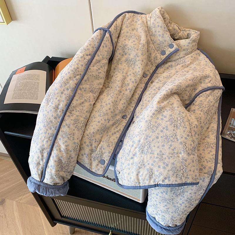 Blue Small Floral Corduroy Splicing Cotton Jacket Women's 2025 Winter New Warm Lazy Top