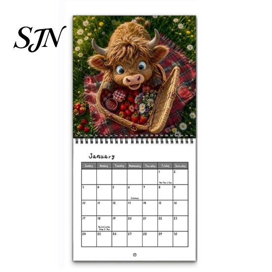 Functional Note Taking Planner 2027 Highland Cow Wall Calendar, 12-Month Adventure Themed with Spiral Yearly Goal Setting Journal Binding, Thick Paper