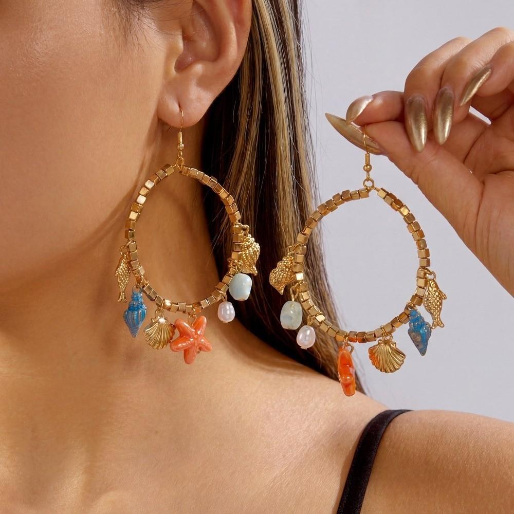 Ocean Theme Drop Dangle Earring Round Shell Charm Earrings New Hoop Pendant Earrings Jewelry