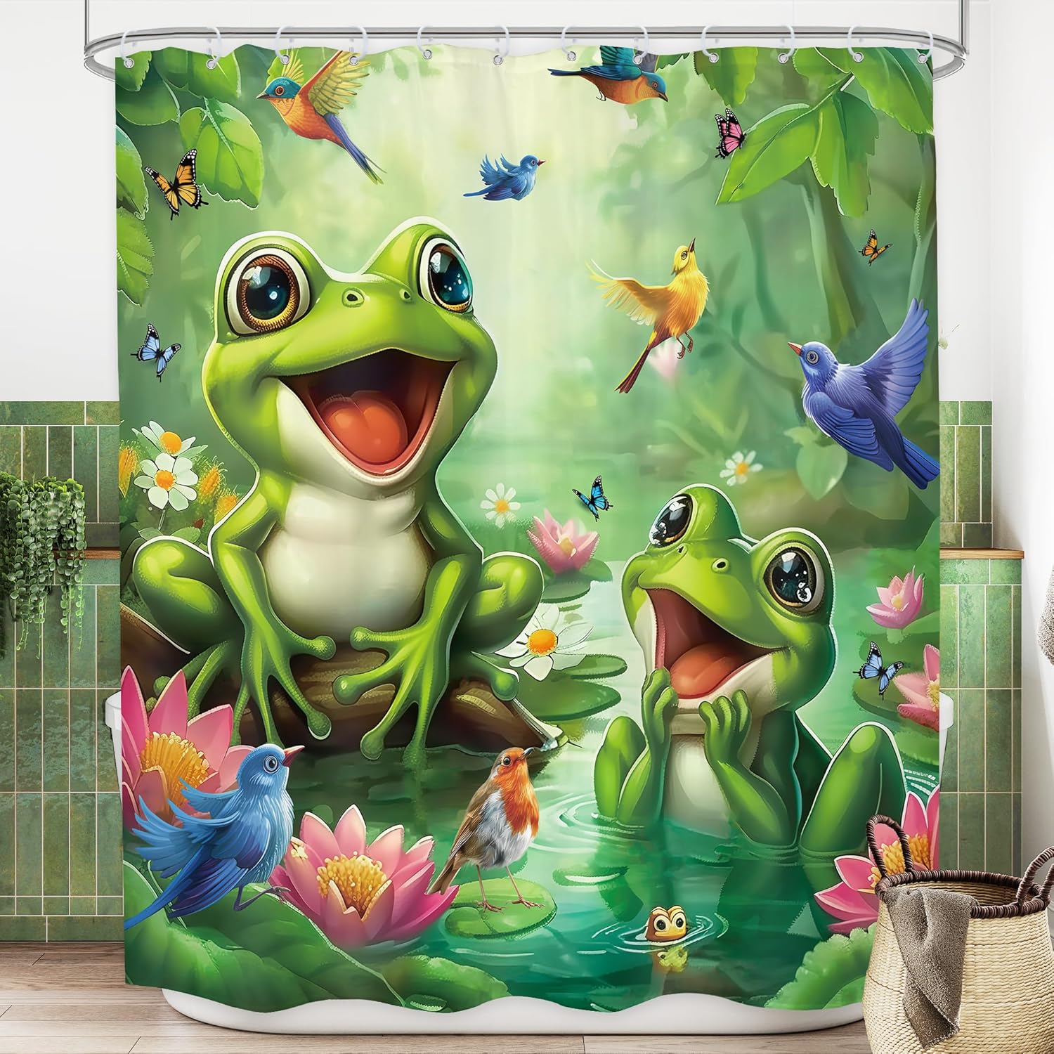

Cute Frog Cartoon Shower Curtain Green Animals Birds Butterflies Pond Scene Childrens Bathroom Decor Playful Wildlife Art Home W60H190(CM)-1 Pcs